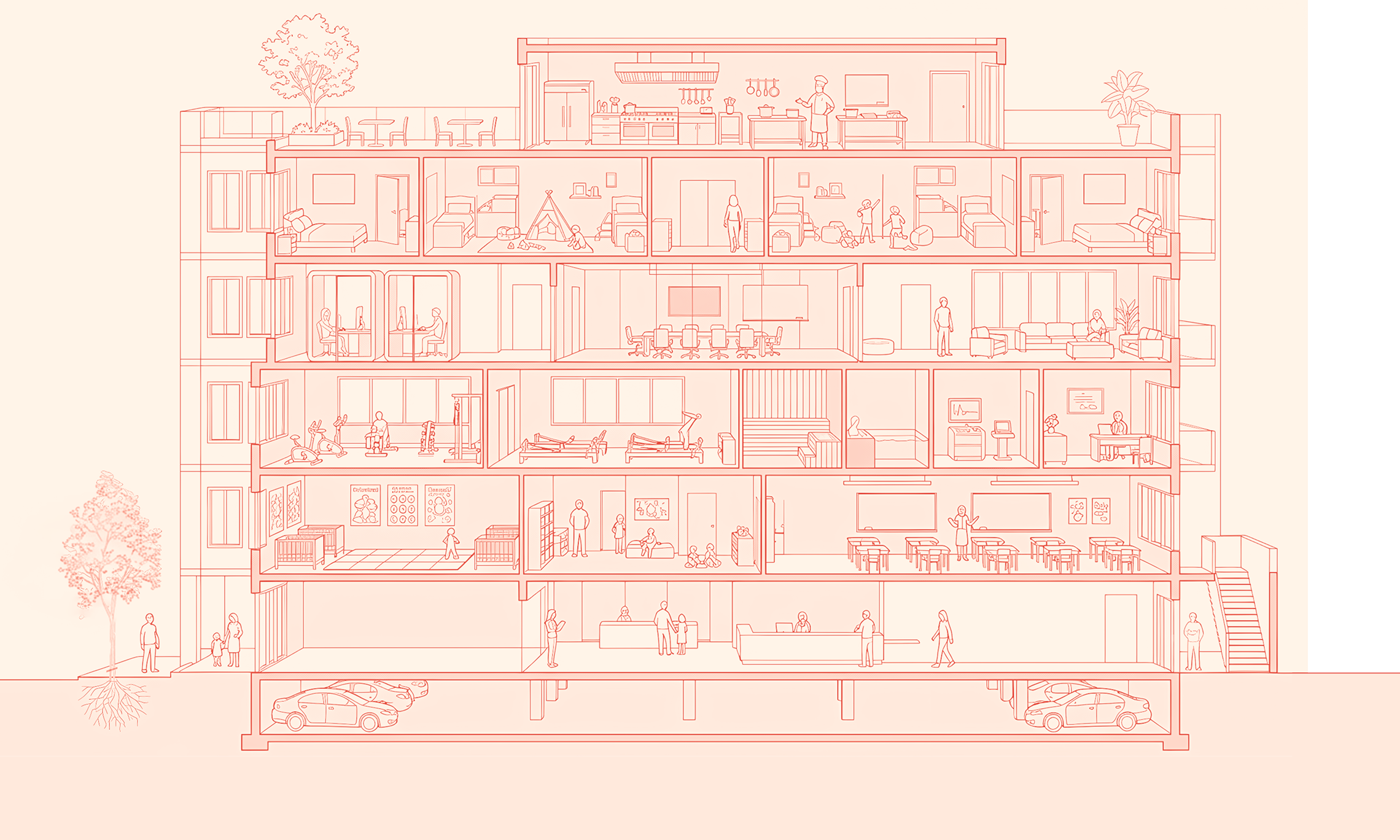 Cross-section illustration of the LOQQL building interior